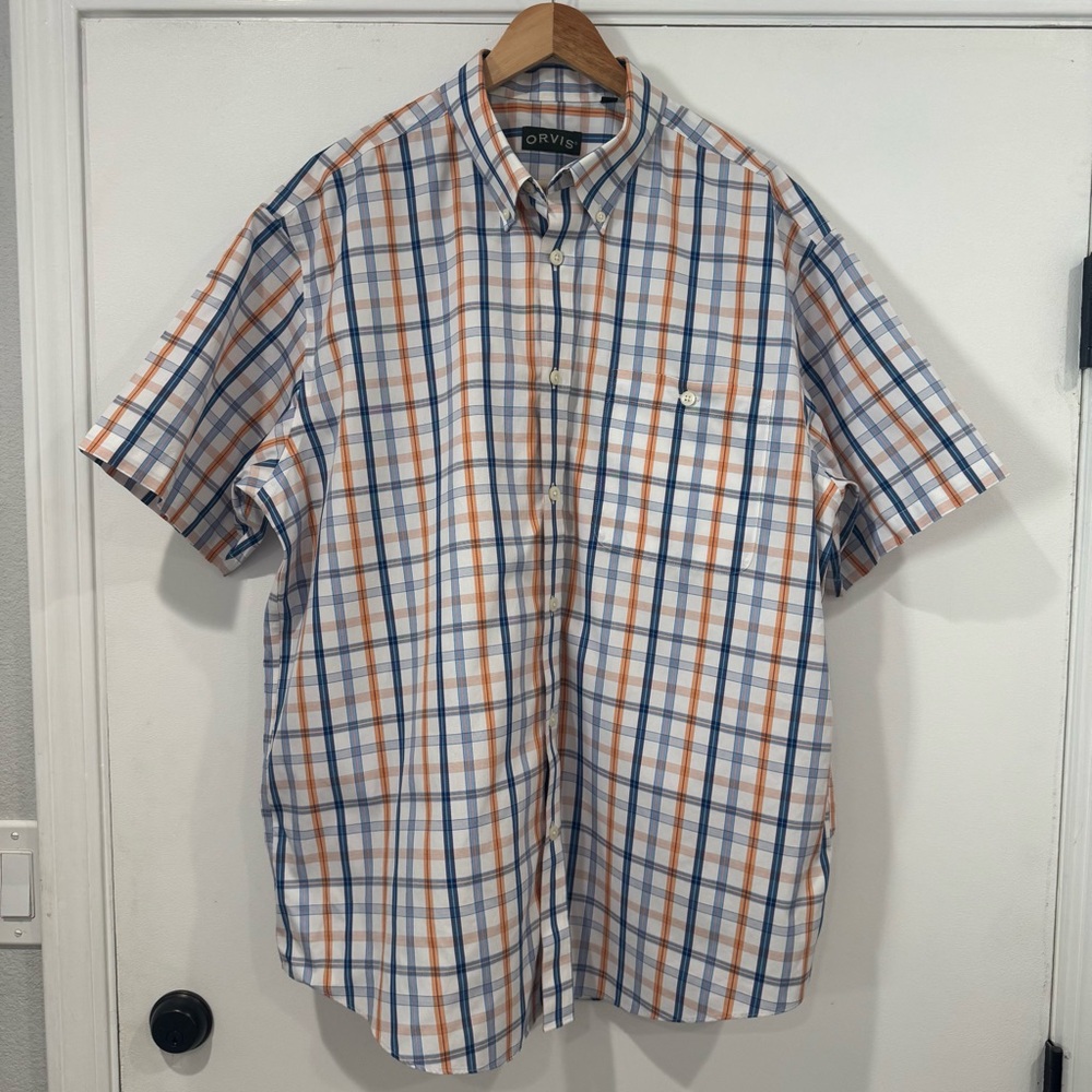 🛑SOLD🛑Orvis Mens White Blue Orange Plaid Button-Down Shirt XL Cotton Short
